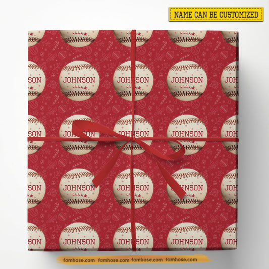 Personalized Christmas Baseball Wrapping Paper, Baseball In Red Background Wrapping Paper Rolls, Xmas Gift Wrap For Baseball Lover