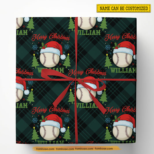 Personalized Christmas Baseball Wrapping Paper, Merry Christmas In Green Background Wrapping Paper Rolls, Xmas Gift Wrap For Baseball Lover