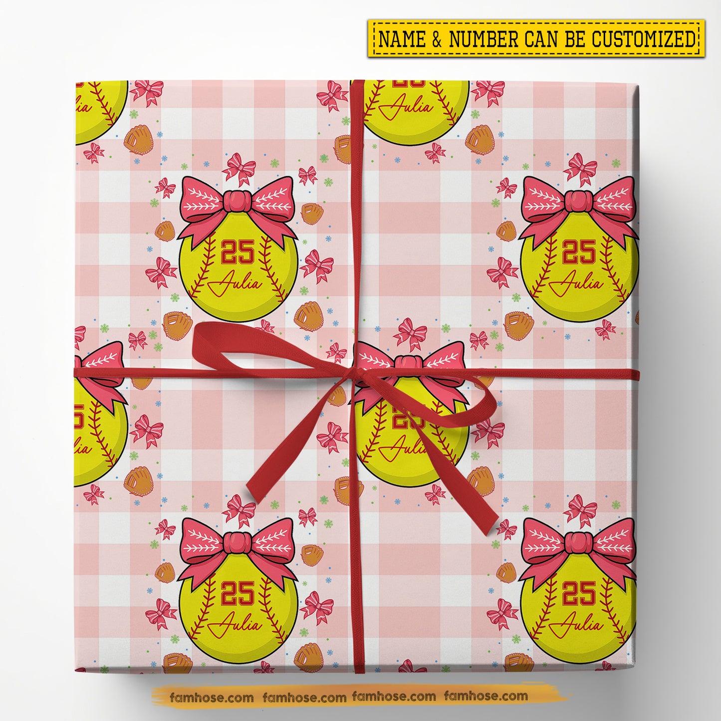 Cute Personalized Softball Wrapping Paper, Softball Wearing Bow In White & Pink Caro Background Wrapping Paper Rolls, Gift Wrap For Softball Lover