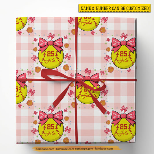 Cute Personalized Softball Wrapping Paper, Softball Wearing Bow In White & Pink Caro Background Wrapping Paper Rolls, Gift Wrap For Softball Lover