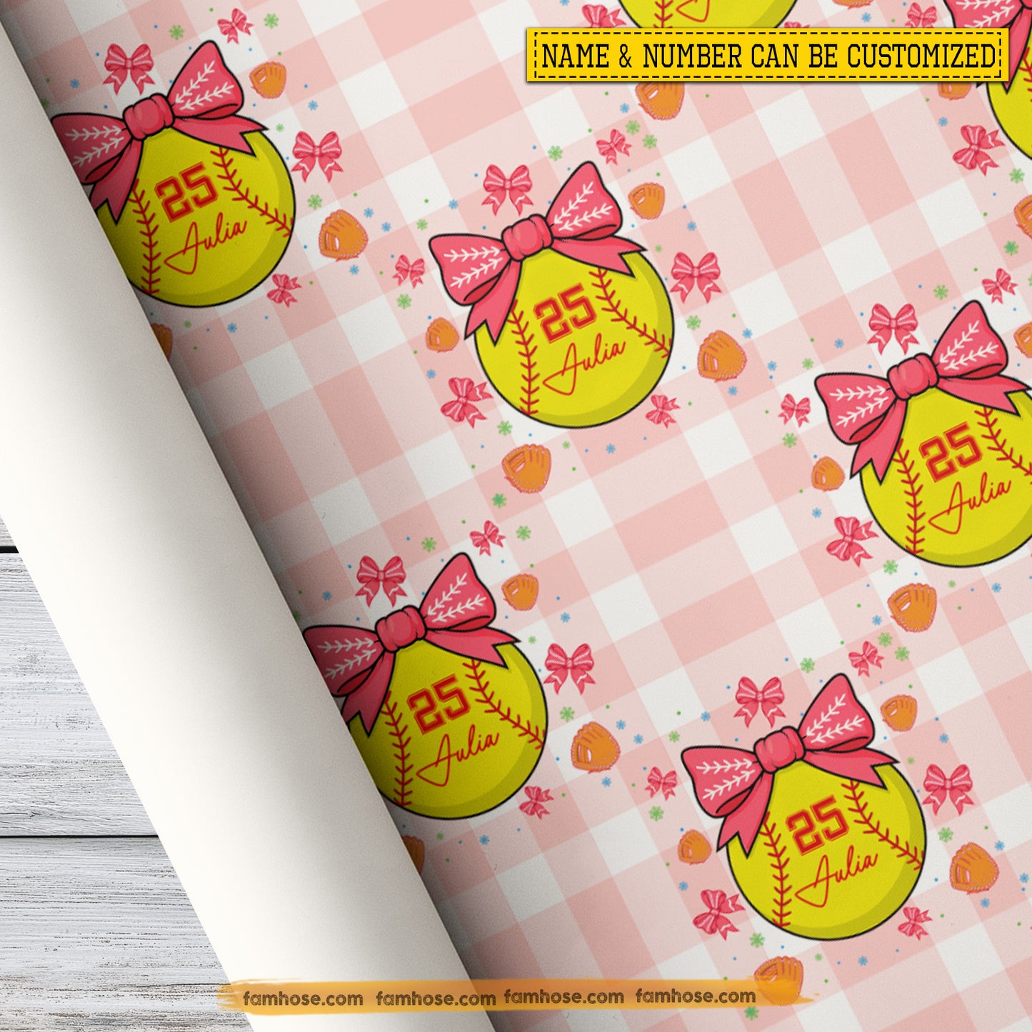 Cute Personalized Softball Wrapping Paper, Softball Wearing Bow In White & Pink Caro Background Wrapping Paper Rolls, Gift Wrap For Softball Lover