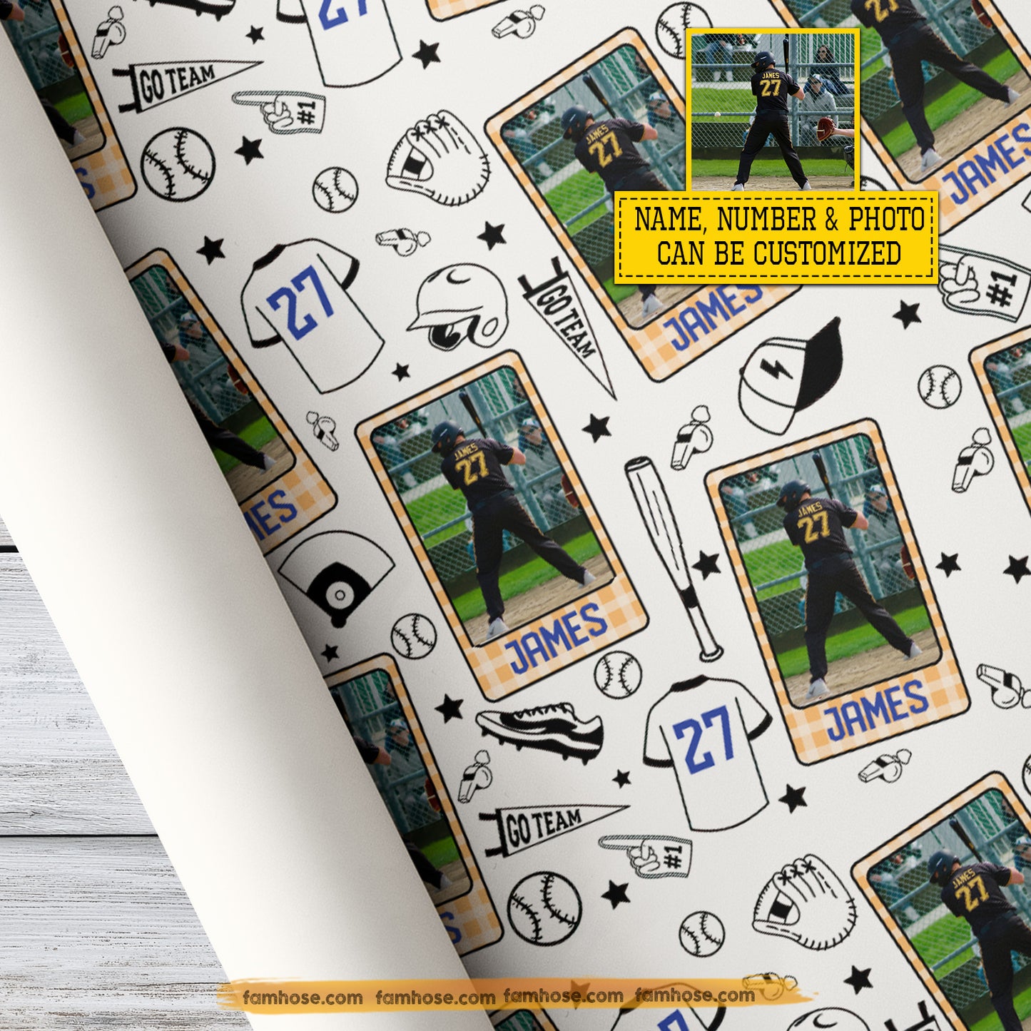 Personalized Christmas Baseball Wrapping Paper, Custom Sports Go Team In White Background Wrapping Paper Rolls, Xmas Gift Wrap For Baseball Lover