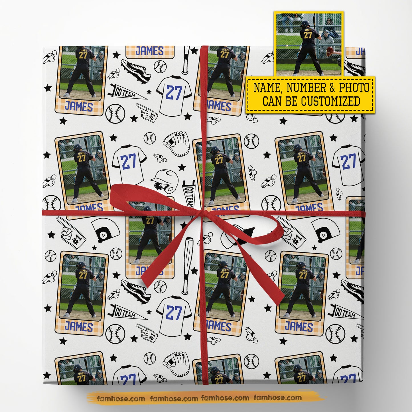 Personalized Christmas Baseball Wrapping Paper, Custom Sports Go Team In White Background Wrapping Paper Rolls, Xmas Gift Wrap For Baseball Lover