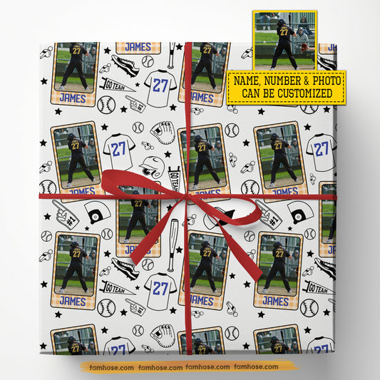 Personalized Christmas Baseball Wrapping Paper, Custom Sports Go Team In White Background Wrapping Paper Rolls, Xmas Gift Wrap For Baseball Lover