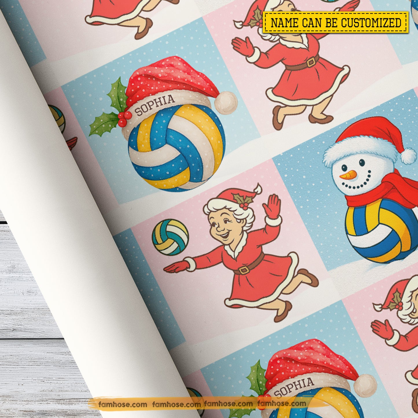 Personalized Christmas Volleyball Wrapping Paper, Volleyball With Mrs. Claus & Snowman Wrapping Paper Rolls, Xmas Gift Wrap For Volleyball Lover