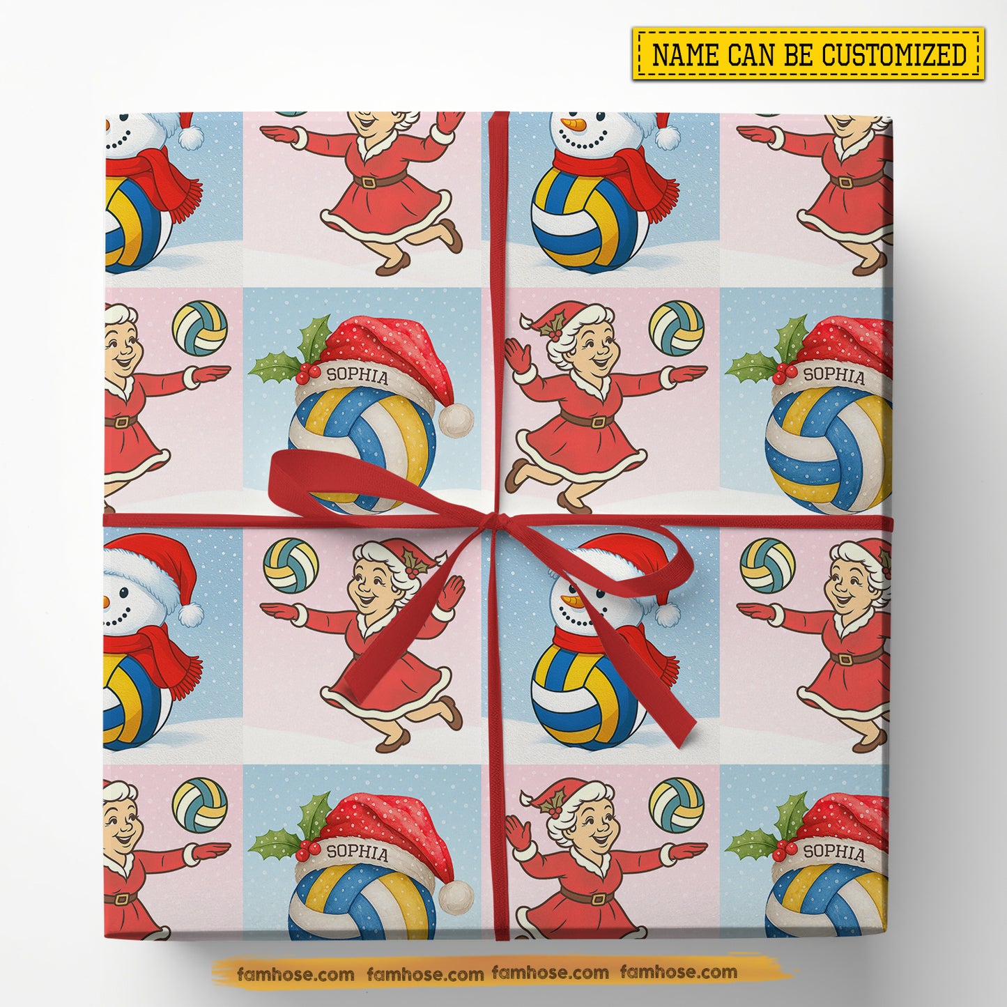 Personalized Christmas Volleyball Wrapping Paper, Volleyball With Mrs. Claus & Snowman Wrapping Paper Rolls, Xmas Gift Wrap For Volleyball Lover