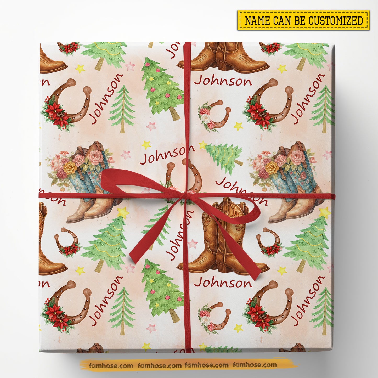 Personalized Christmas Cowboy Wrapping Paper, Cowboy Boots And Horse Shoes Wrapping Paper Rolls, Xmas Gift Wrap For Cowboy