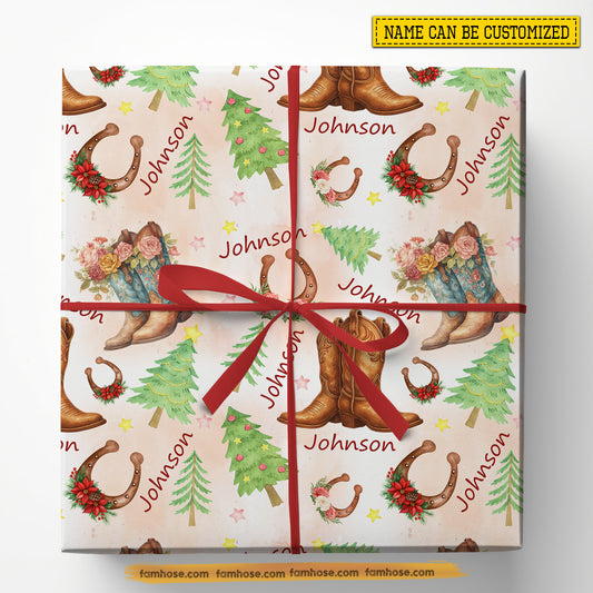 Personalized Christmas Cowboy Wrapping Paper, Cowboy Boots And Horse Shoes Wrapping Paper Rolls, Xmas Gift Wrap For Cowboy