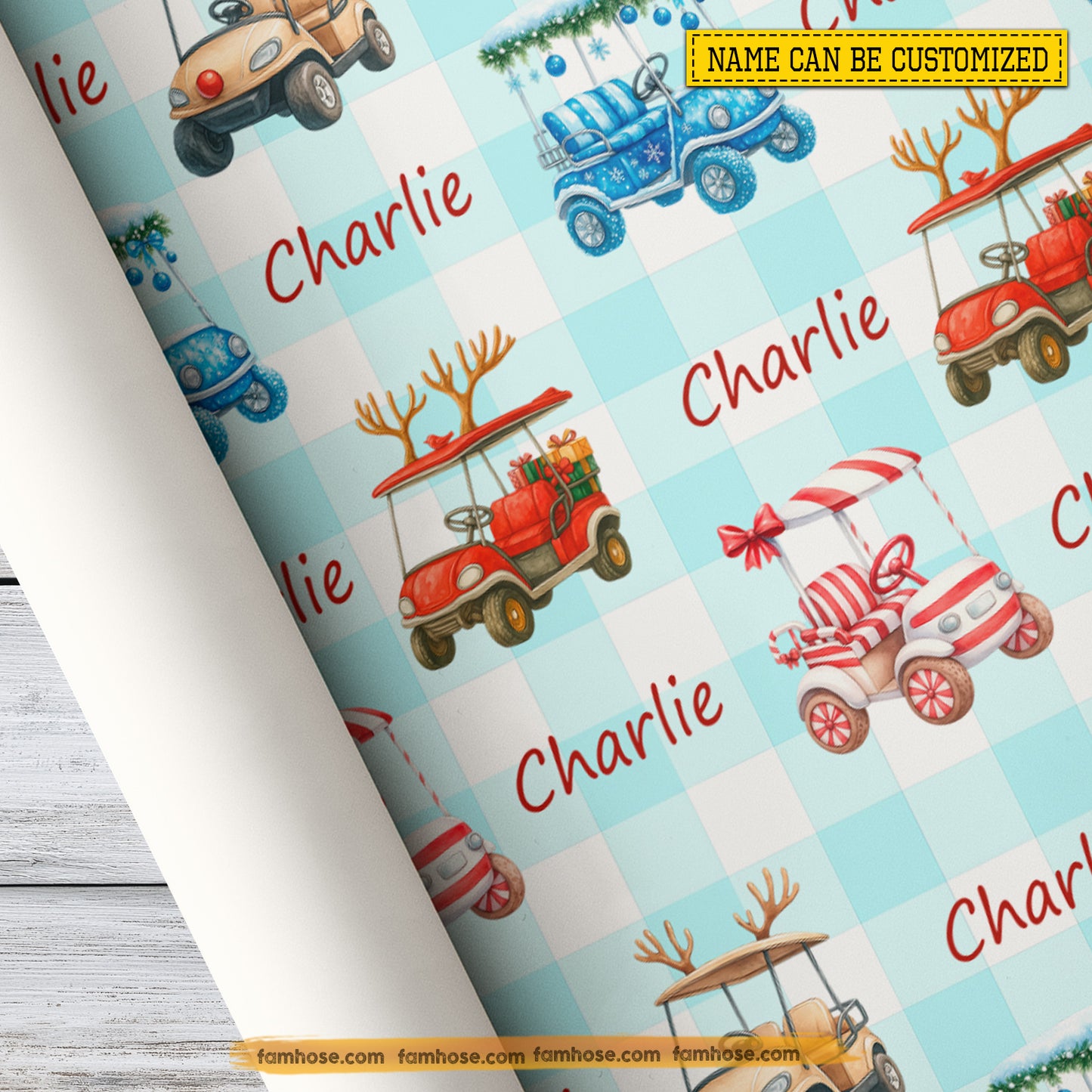 Personalized Christmas Golf Wrapping Paper, Golf Cart In Light Blue Gingham Background Wrapping Paper Rolls, Xmas Gift Wrap For Golf Lover