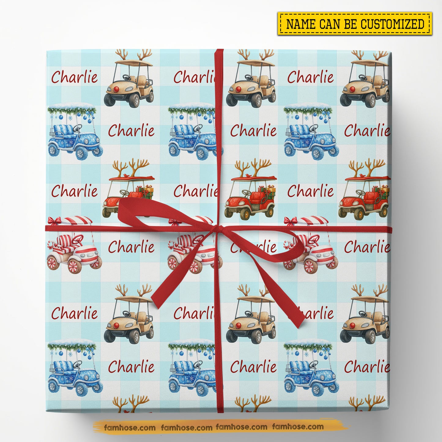Personalized Christmas Golf Wrapping Paper, Golf Cart In Light Blue Gingham Background Wrapping Paper Rolls, Xmas Gift Wrap For Golf Lover
