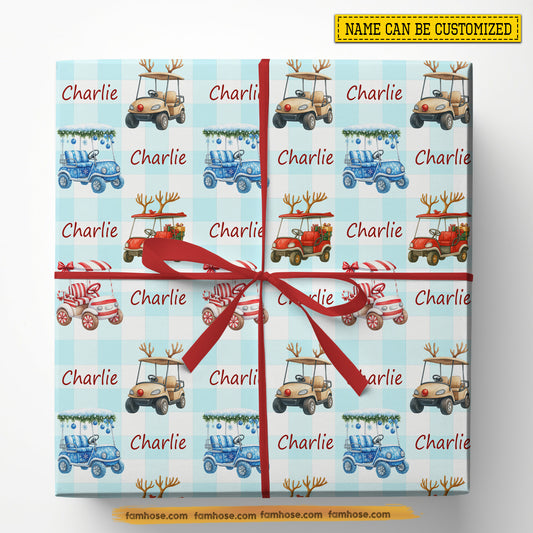 Personalized Christmas Golf Wrapping Paper, Golf Cart In Light Blue Gingham Background Wrapping Paper Rolls, Xmas Gift Wrap For Golf Lover