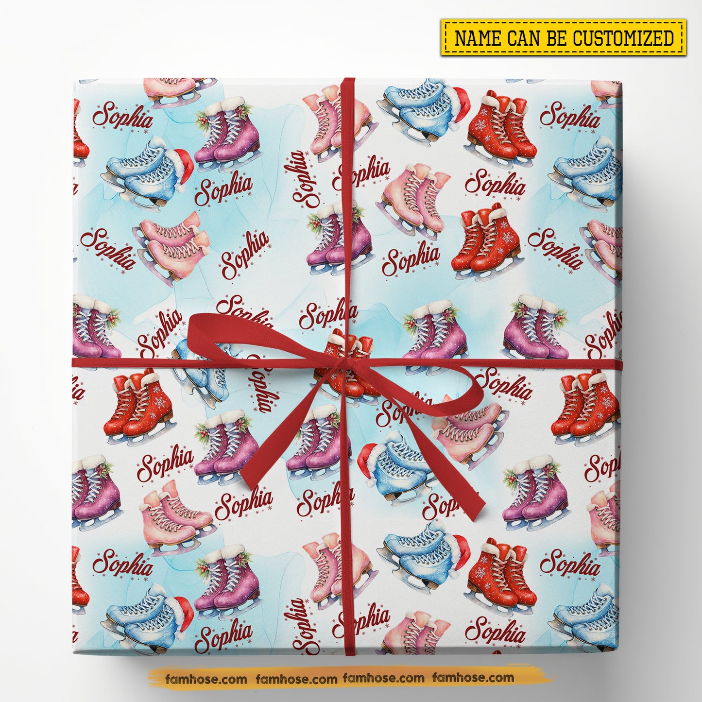 Personalized Christmas Ice Skating Wrapping Paper, Colorful Ice Skating Boots Wrapping Paper Rolls, Xmas Gift Wrap For Ice Skating Lover