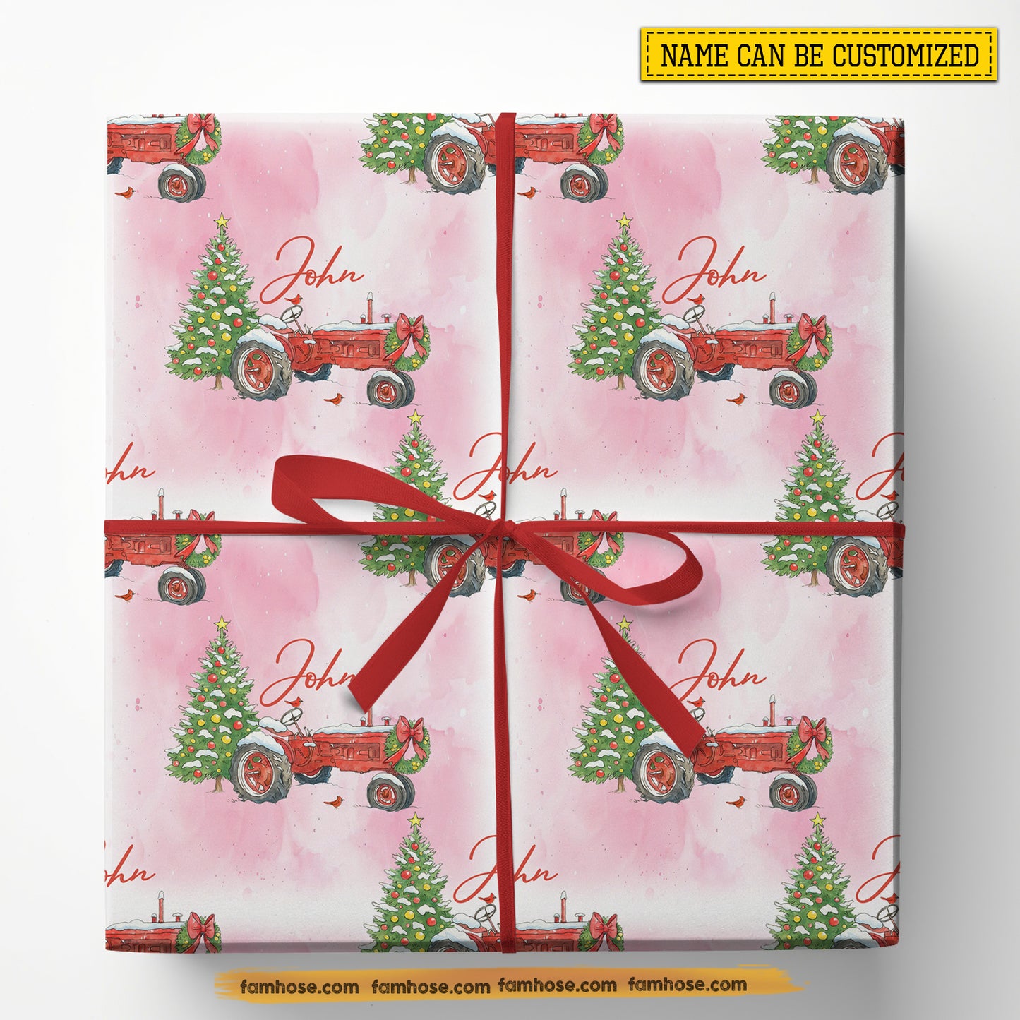 Personalized Christmas Wrapping Paper, Red Tractor In Pink Background Wrapping Paper Rolls Xmas Gift