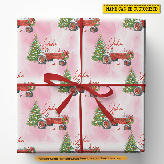 Personalized Christmas Wrapping Paper, Red Tractor In Pink Background Wrapping Paper Rolls Xmas Gift