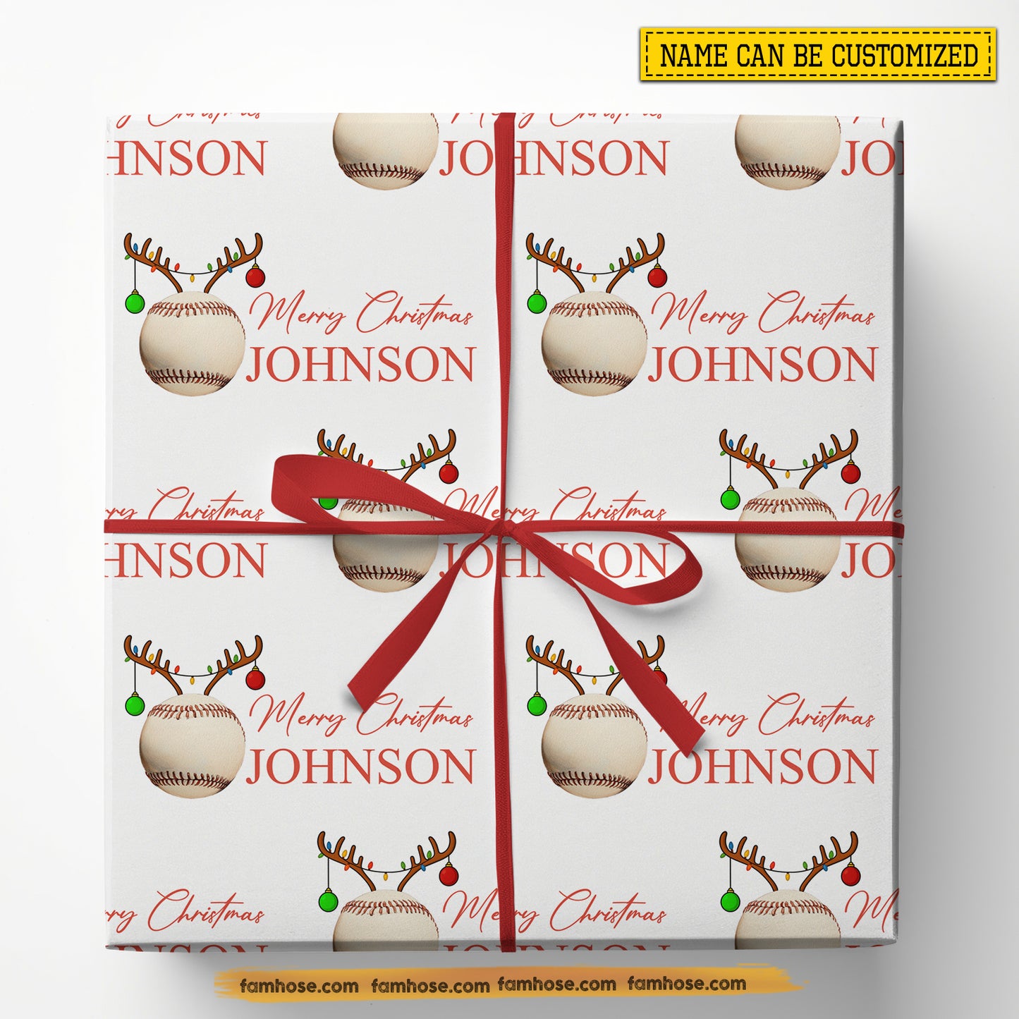 Personalized Christmas Baseball Wrapping Paper, Custom Sports In White Background Wrapping Paper Rolls, Xmas Gift Wrap For Baseball Lover