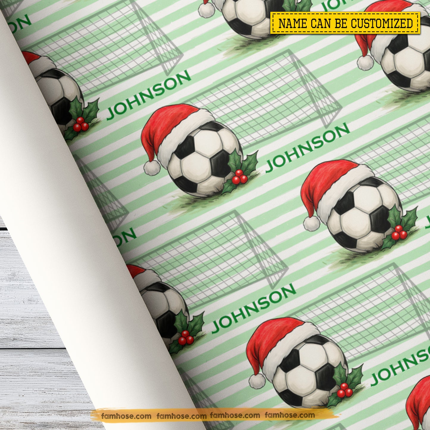 Personalized Christmas Soccer Wrapping Paper, Ball Wears Santa Hat In Light Green Background Wrapping Paper Rolls, Xmas Gift Wrap For Soccer Lover