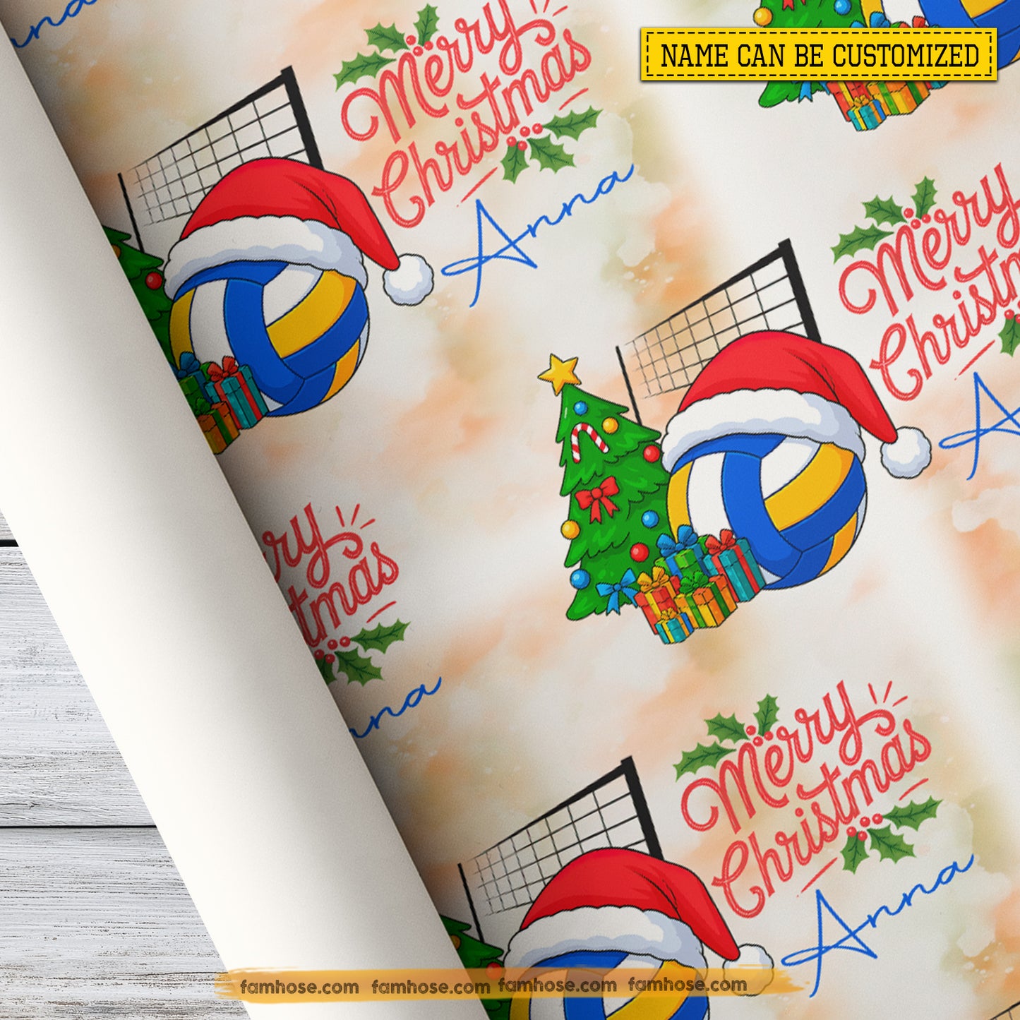 Personalized Christmas Volleyball Wrapping Paper, Volleyball Wears Santa Hat Wrapping Paper Rolls, Xmas Gift Wrap For Volleyball Lover