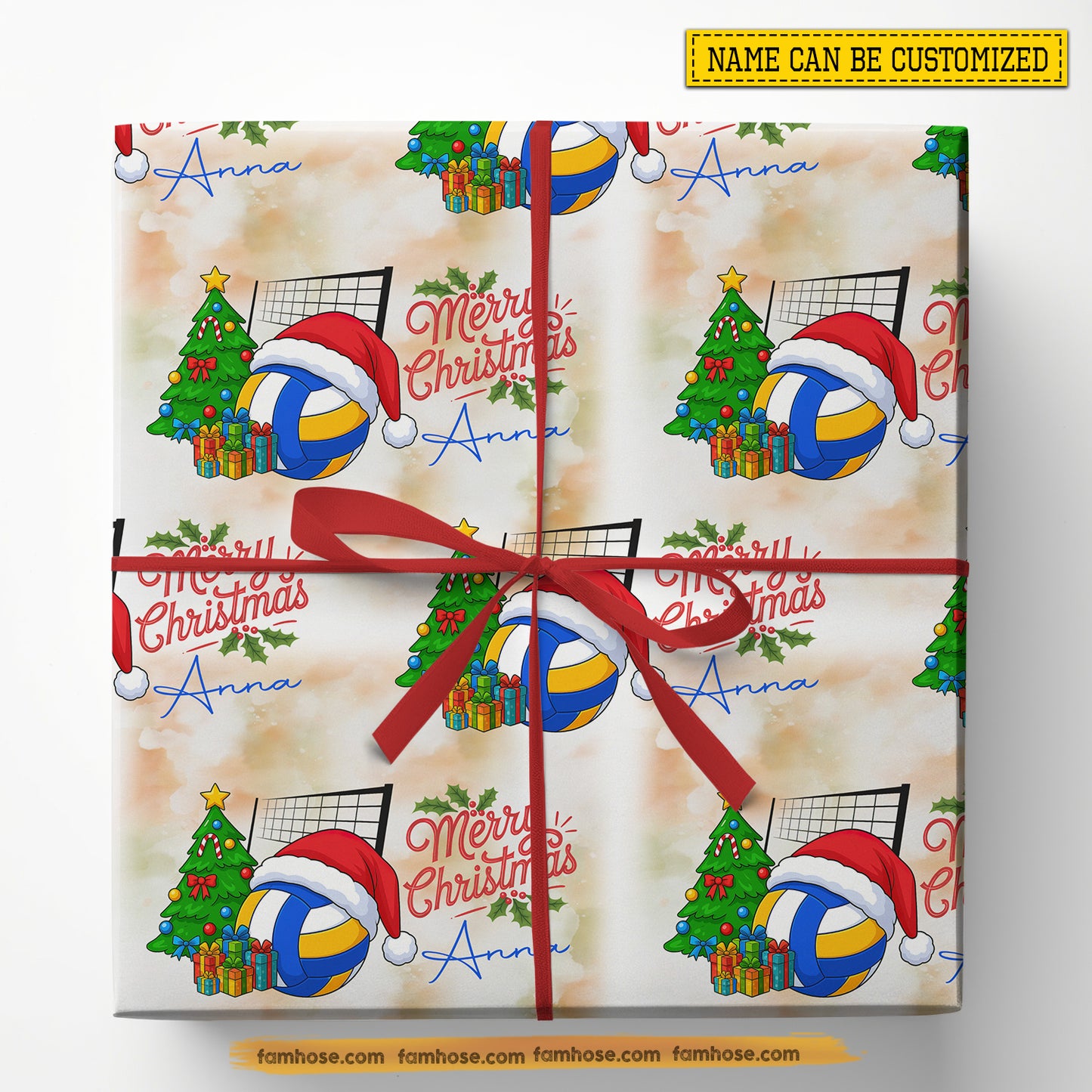 Personalized Christmas Volleyball Wrapping Paper, Volleyball Wears Santa Hat Wrapping Paper Rolls, Xmas Gift Wrap For Volleyball Lover