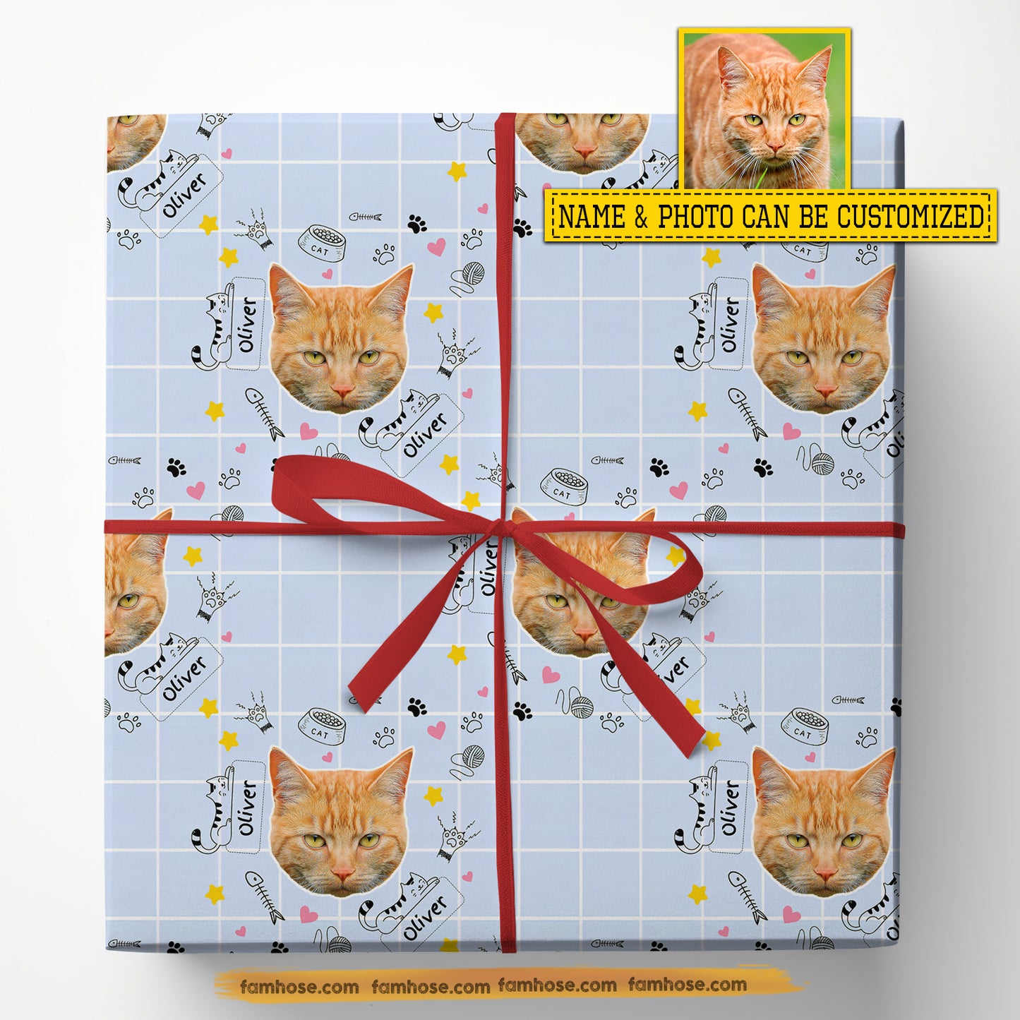 Personalized Christmas Cat Wrapping Paper, Custom Cat In Baby Blue Background Wrapping Paper Rolls, Xmas Gift Wrap For Cat Lover