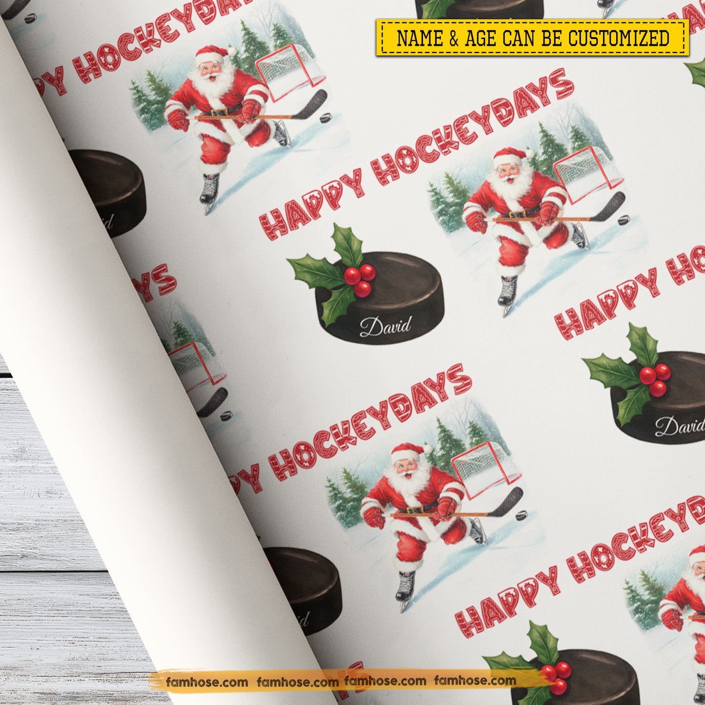 Personalized Christmas Hockey Wrapping Paper, Happy Hockeydays Wrapping Paper Rolls, Xmas Gift Wrap For Hockey Lover