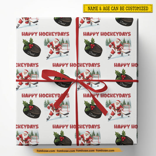 Personalized Christmas Hockey Wrapping Paper, Happy Hockeydays Wrapping Paper Rolls, Xmas Gift Wrap For Hockey Lover