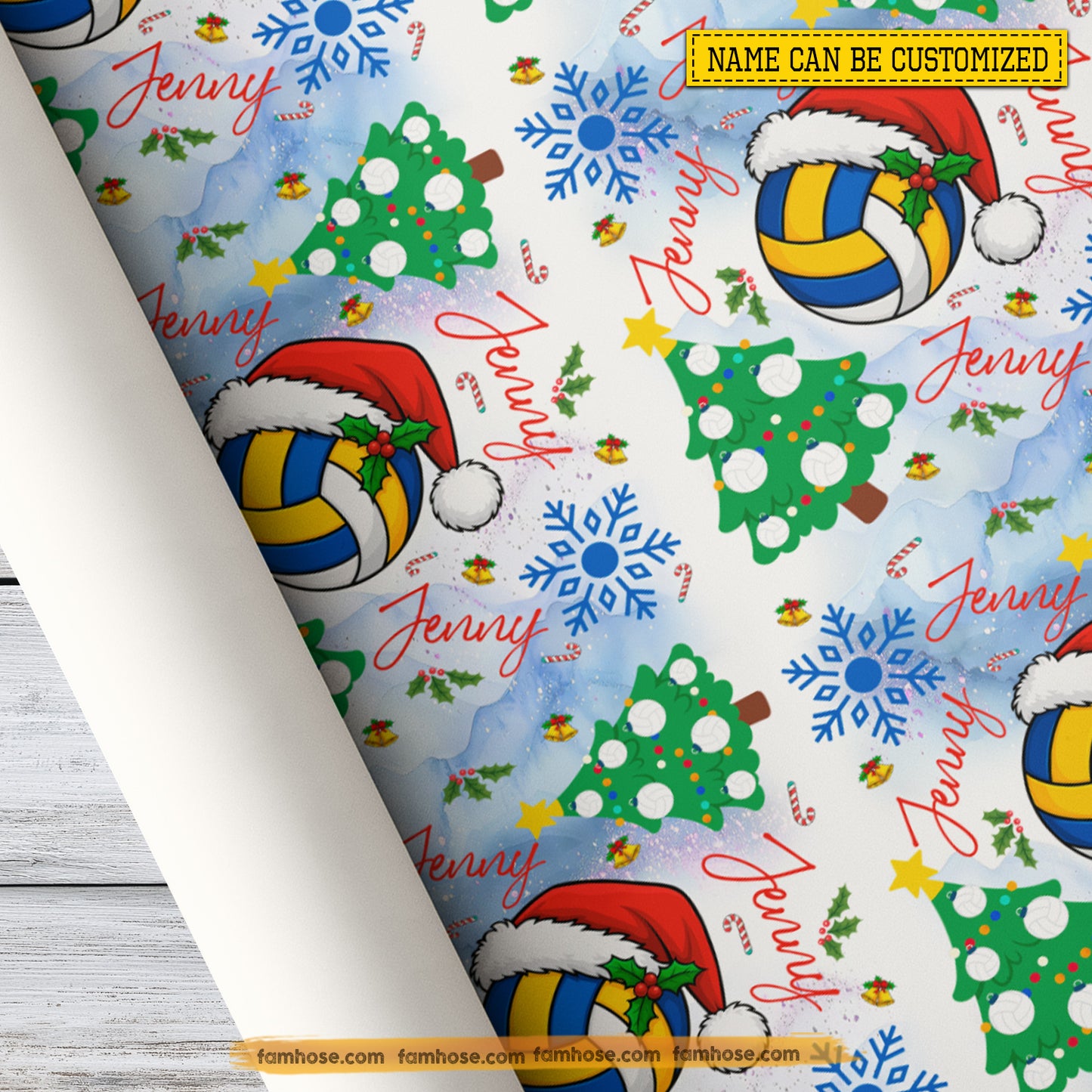 Personalized Christmas Volleyball Wrapping Paper, Volleyball Wears Santa Hat Wrapping Paper Rolls, Xmas Gift Wrap For Volleyball Lover