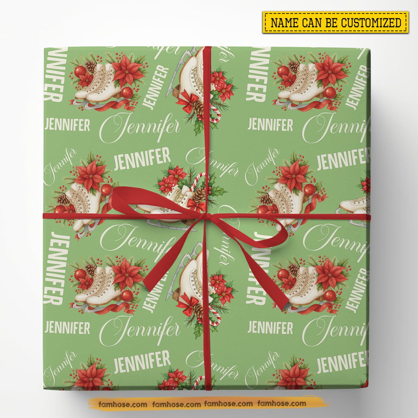 Personalized Christmas Ice Skating Wrapping Paper, Winter Figure Skates Wrapping Paper Rolls, Xmas Gift Wrap For Ice Skating Lover