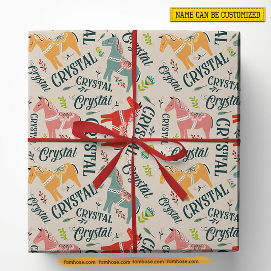 Personalized Horse Wrapping Paper, Whimsical Nordic Horses Wrapping Paper Rolls, Gift Wrap For Horse Lover