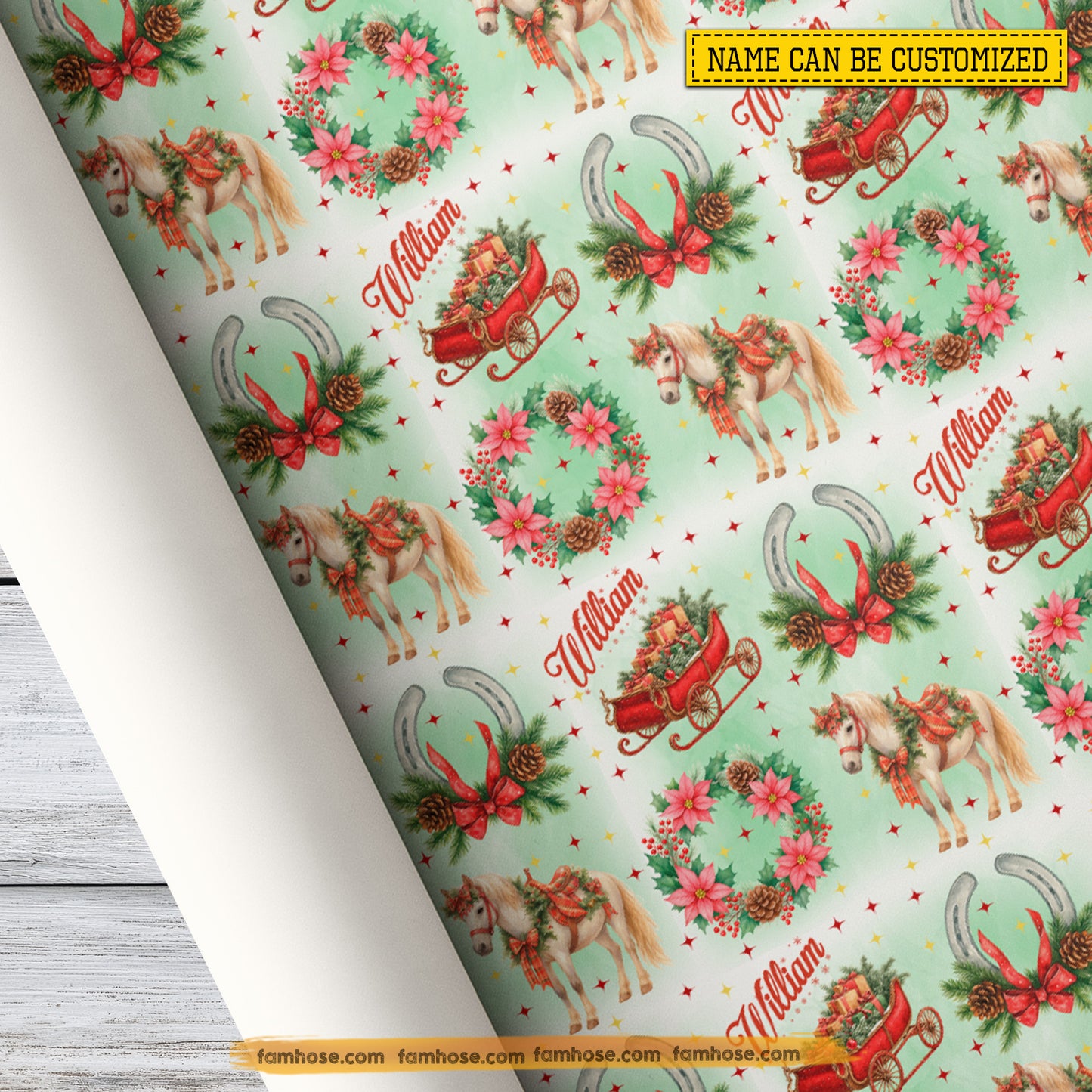 Personalized Christmas Horse Wrapping Paper, Festive Horse & Sleigh Wonderland Wrapping Paper Rolls, Xmas Gift For Horse Lover