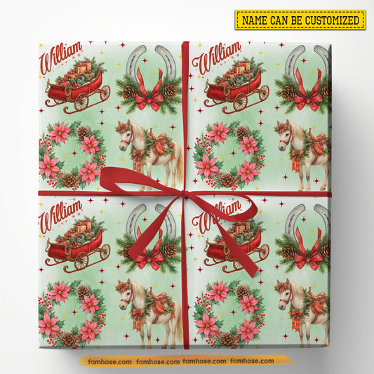Personalized Christmas Horse Wrapping Paper, Festive Horse & Sleigh Wonderland Wrapping Paper Rolls, Xmas Gift For Horse Lover