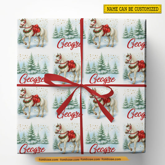 Personalized Christmas Horse Wrapping Paper, Enchanting White Horse Wrapping Paper Rolls Xmas Gift For Horse Lover
