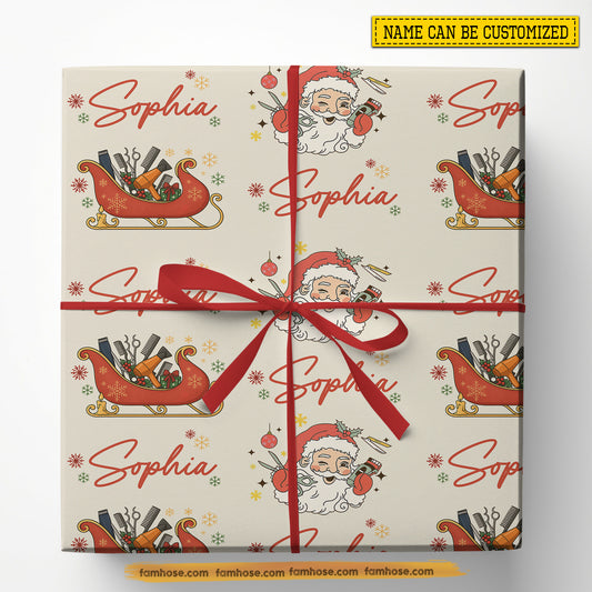Funny Personalized Christmas Hair Stylist Wrapping Paper, Jolly Barber Wrapping Paper Rolls Xmas Gift