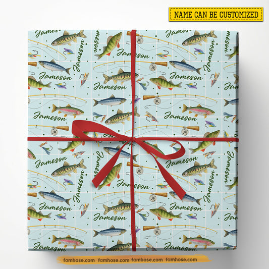 Personalized Fishing Wrapping Paper, Lures, Lines & Leaping Fish Wrapping Paper Rolls, Gift Wrap For Fishing Lover