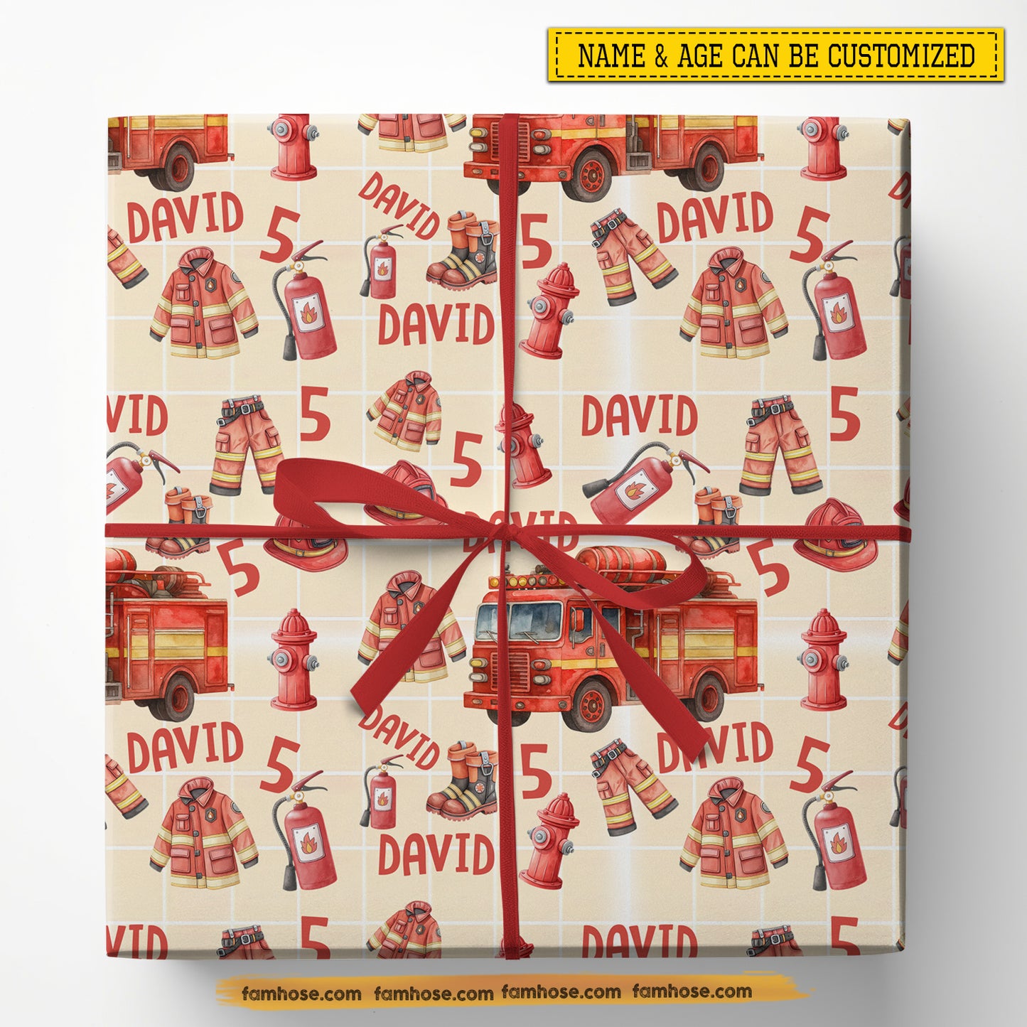 Personalized Firefighter Kid Wrapping Paper, Red Fire Truck Party Wrapping Paper Rolls, Gift Wrap For Firefighter Lover