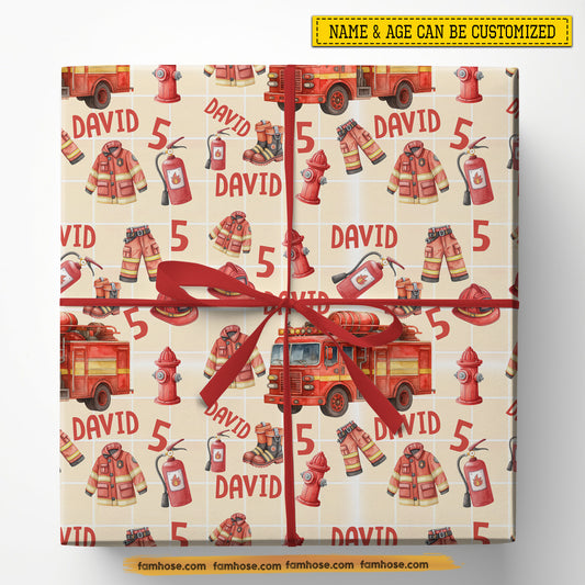 Personalized Firefighter Kid Wrapping Paper, Red Fire Truck Party Wrapping Paper Rolls, Gift Wrap For Firefighter Lover
