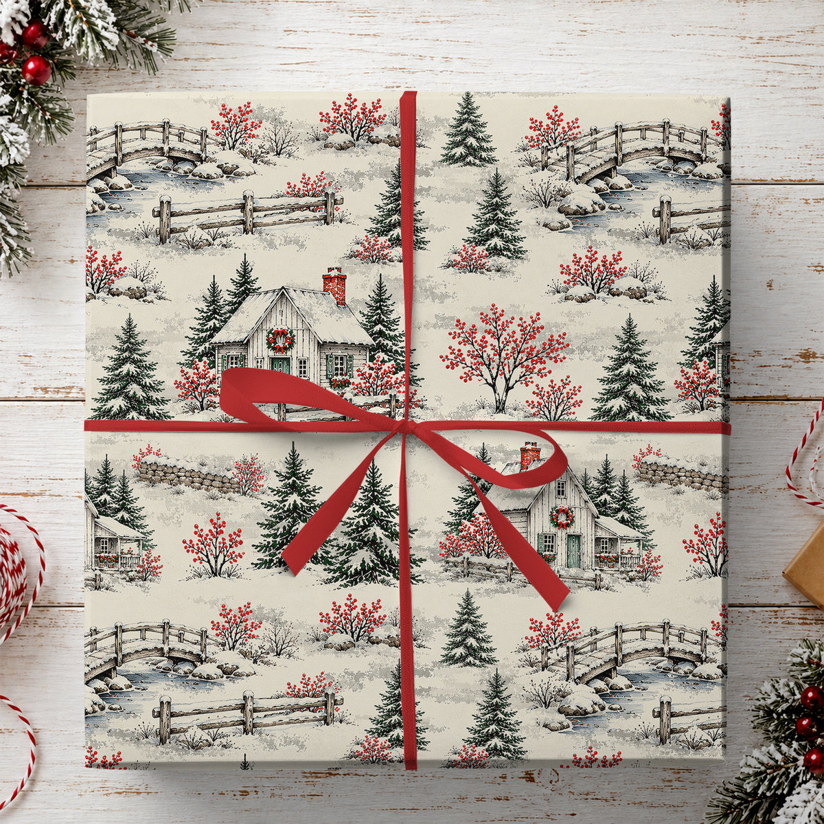Vintage Christmas Village Wrapping Paper, Snowy Cottage Winter Wonderland Wrapping Paper Rolls, Xmas Gift Wrap