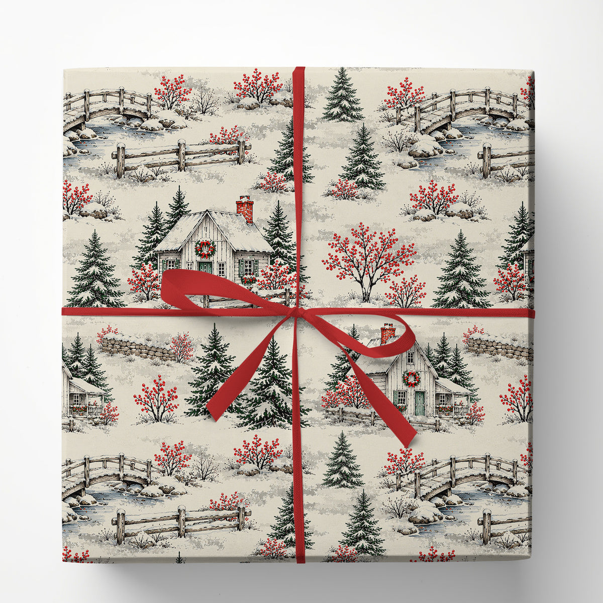 Vintage Christmas Village Wrapping Paper, Snowy Cottage Winter Wonderland Wrapping Paper Rolls, Xmas Gift Wrap