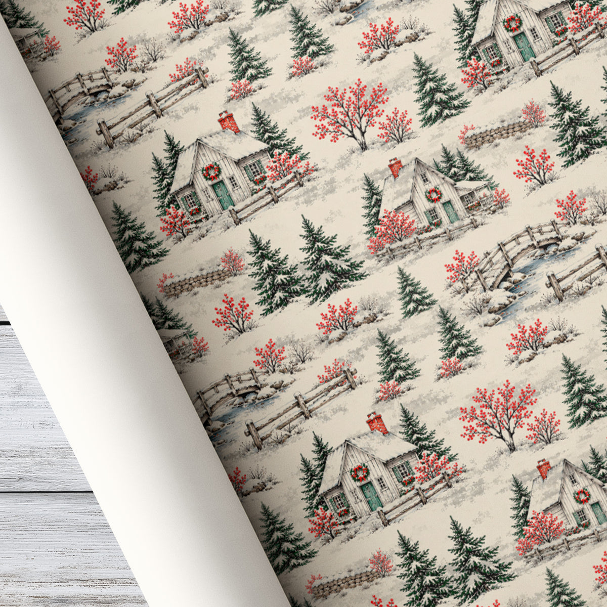 Vintage Christmas Village Wrapping Paper, Snowy Cottage Winter Wonderland Wrapping Paper Rolls, Xmas Gift Wrap