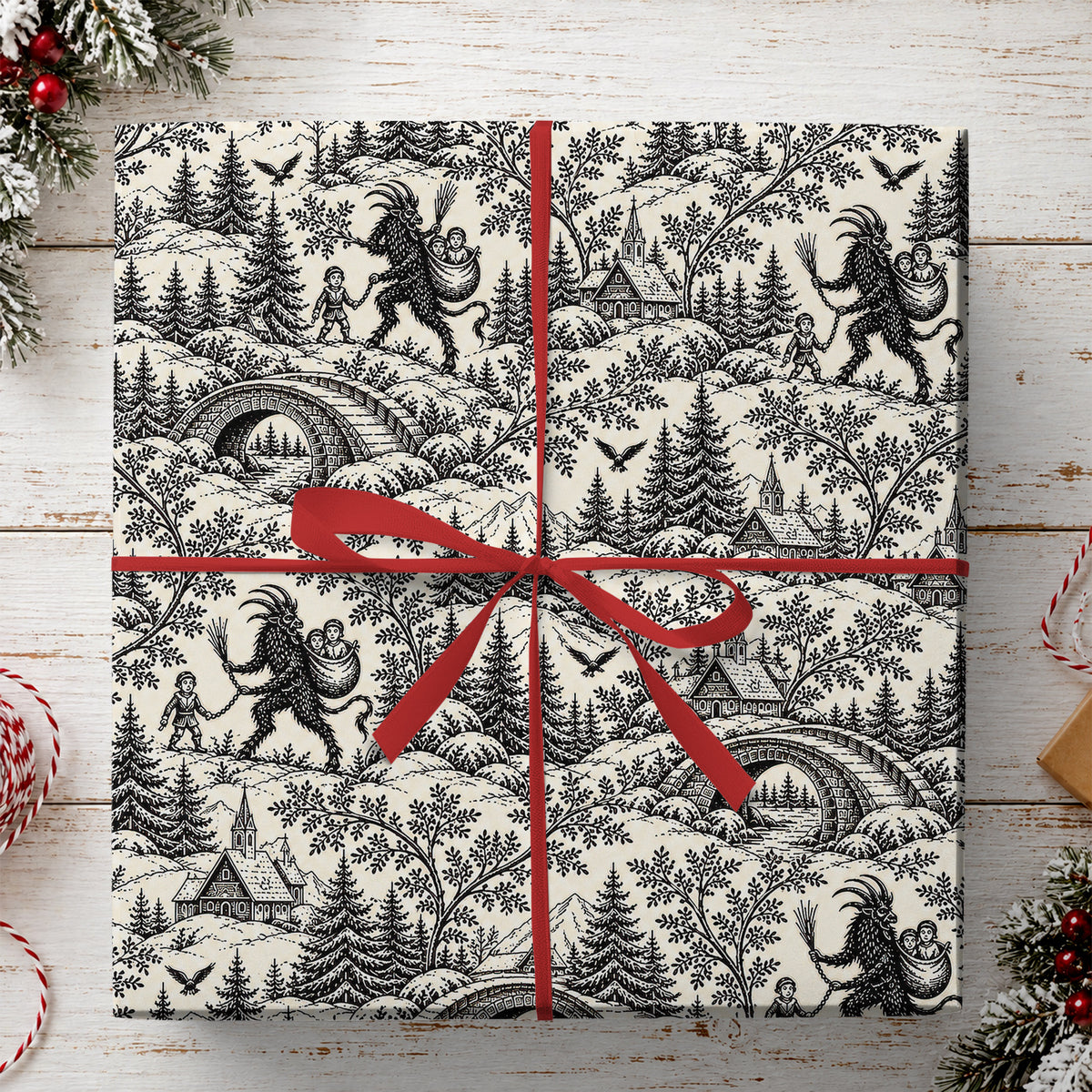 Vintage Krampus Toile Wrapping Paper, Black And Cream Winter Village Gothic Wrapping Paper Rolls, Gift Wrap For Krampus Lover
