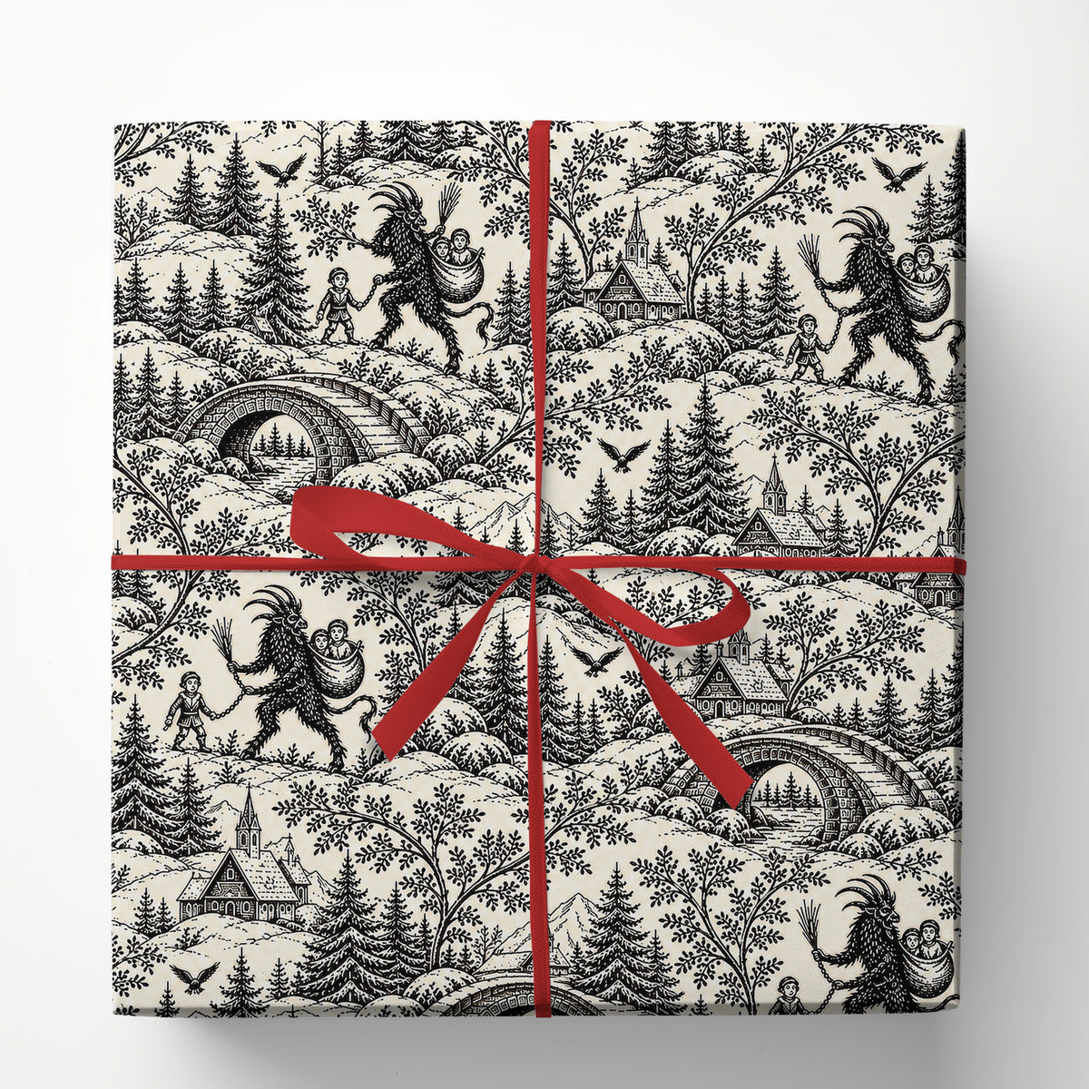 Vintage Krampus Toile Wrapping Paper, Black And Cream Winter Village Gothic Wrapping Paper Rolls, Gift Wrap For Krampus Lover
