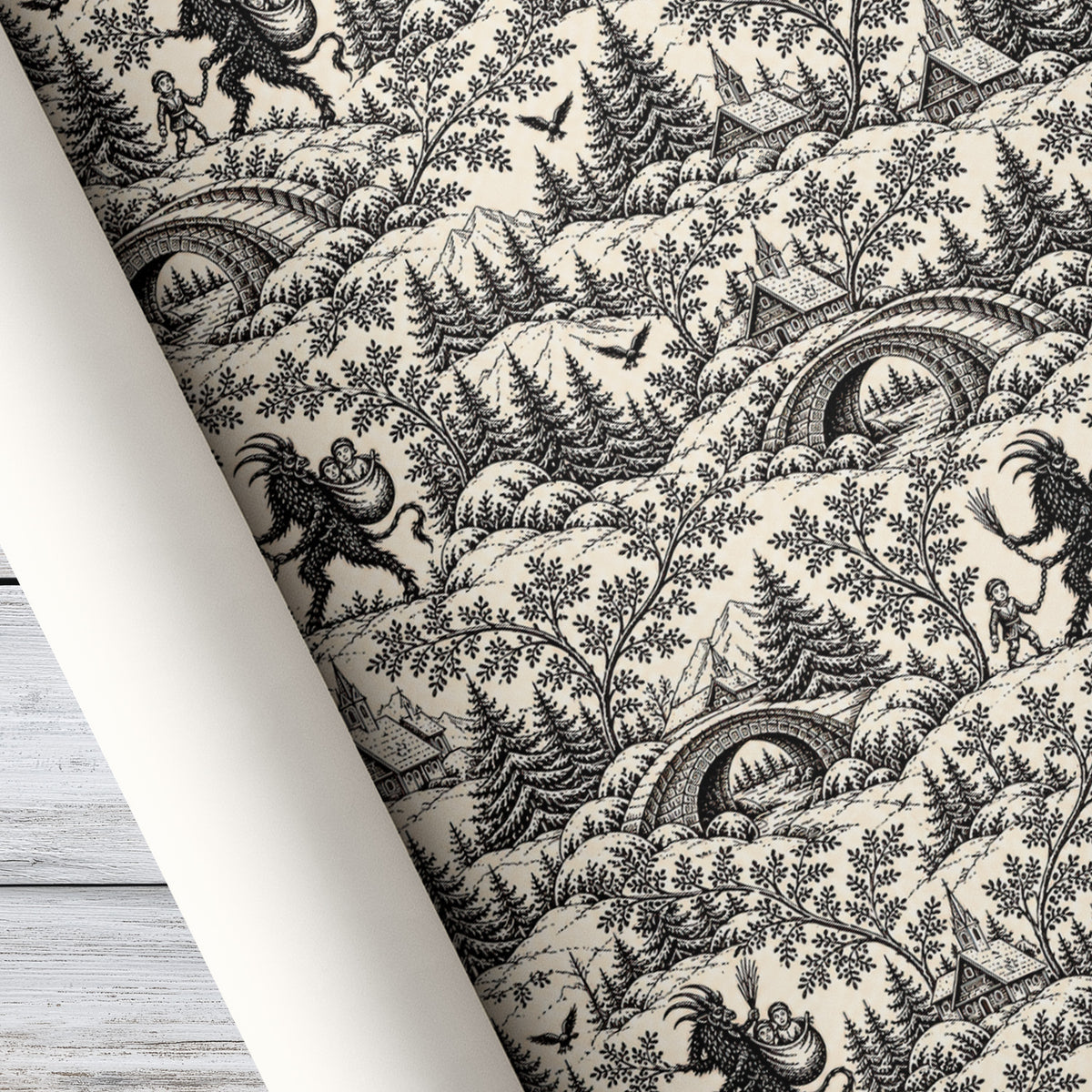 Vintage Krampus Toile Wrapping Paper, Black And Cream Winter Village Gothic Wrapping Paper Rolls, Gift Wrap For Krampus Lover
