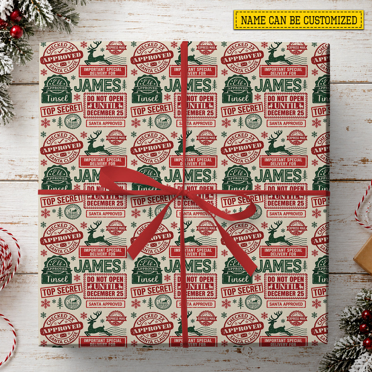 Vintage Personalized Christmas Postal Stamps Wrapping Paper, Santa Approved North Pole Special Delivery Wrapping Paper Rolls, Xmas Gift Wrap