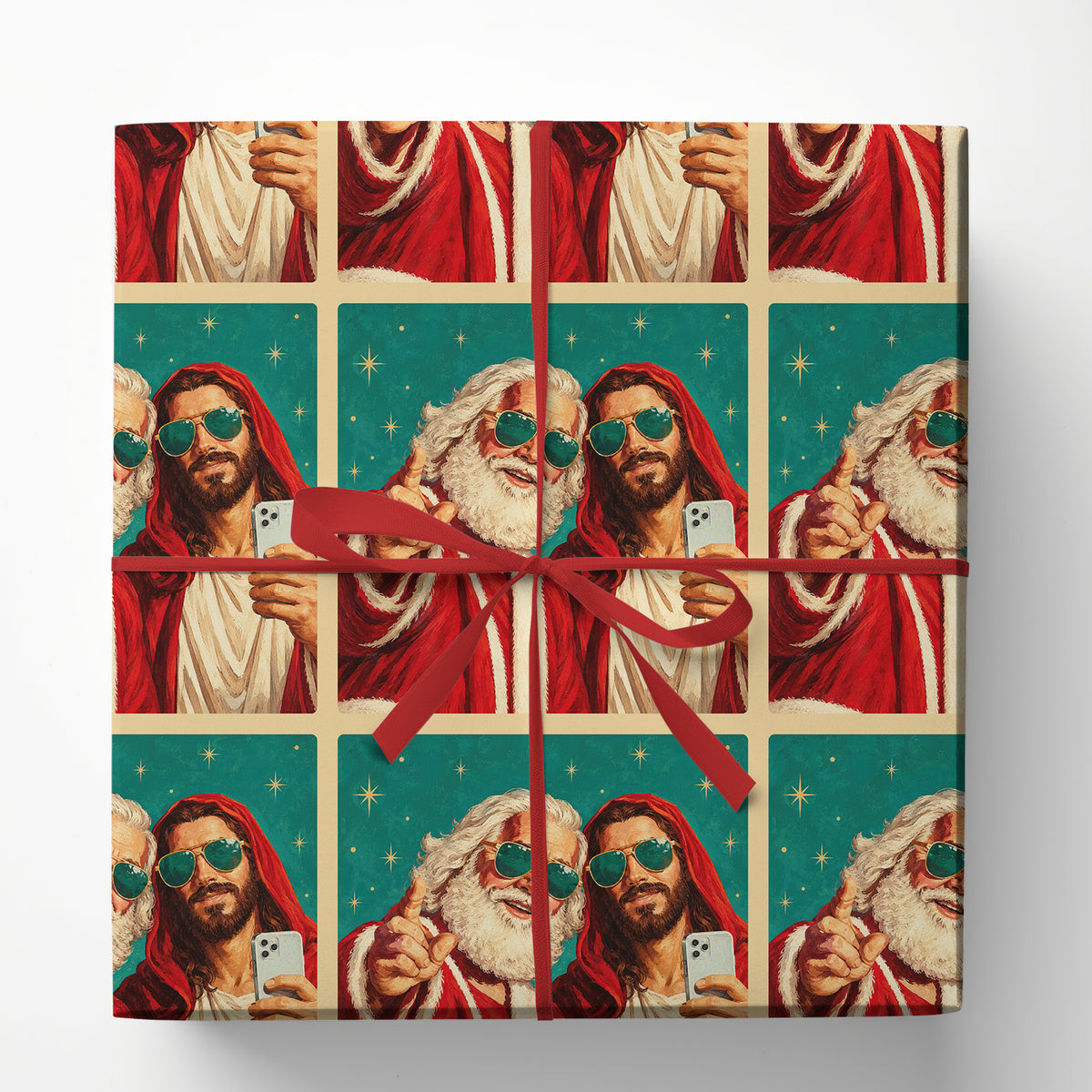 Funny Christmas Jesus & Santa Wrapping Paper, Retro Selfie With Sunglasses Holiday Wrapping Paper Rolls, Xmas Gift Wrap For Christians