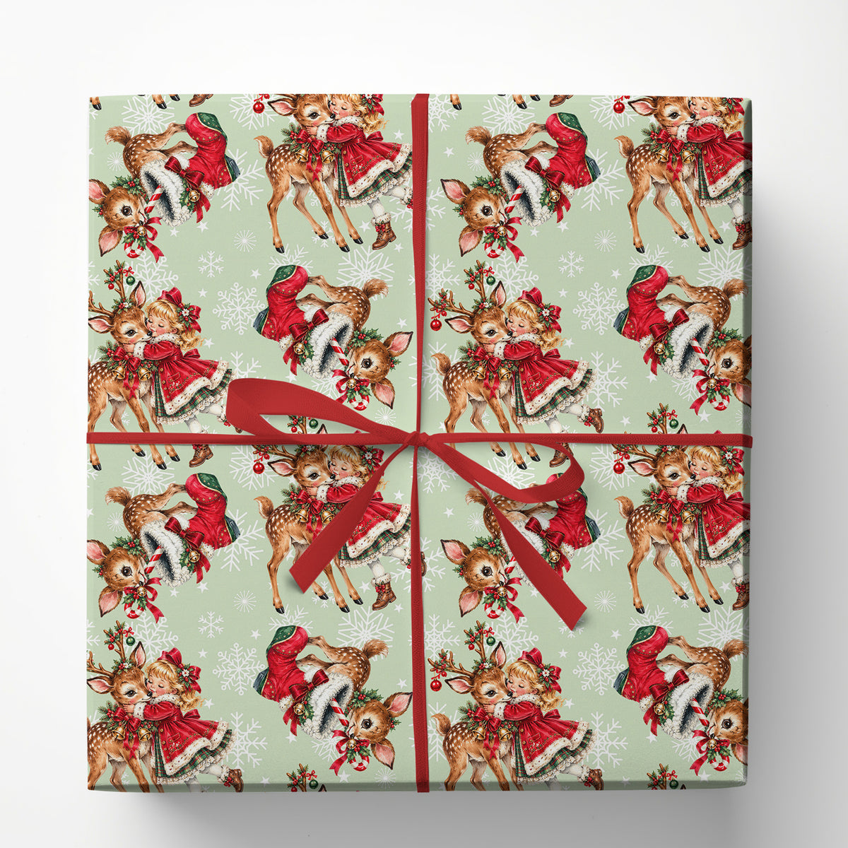 Vintage Christmas Deer Wrapping Paper, Little Girl And Fawn With Red Stockings And Snowflakes Wrapping Paper Rolls, Xmas Gift Wrap For Reindeer Lover