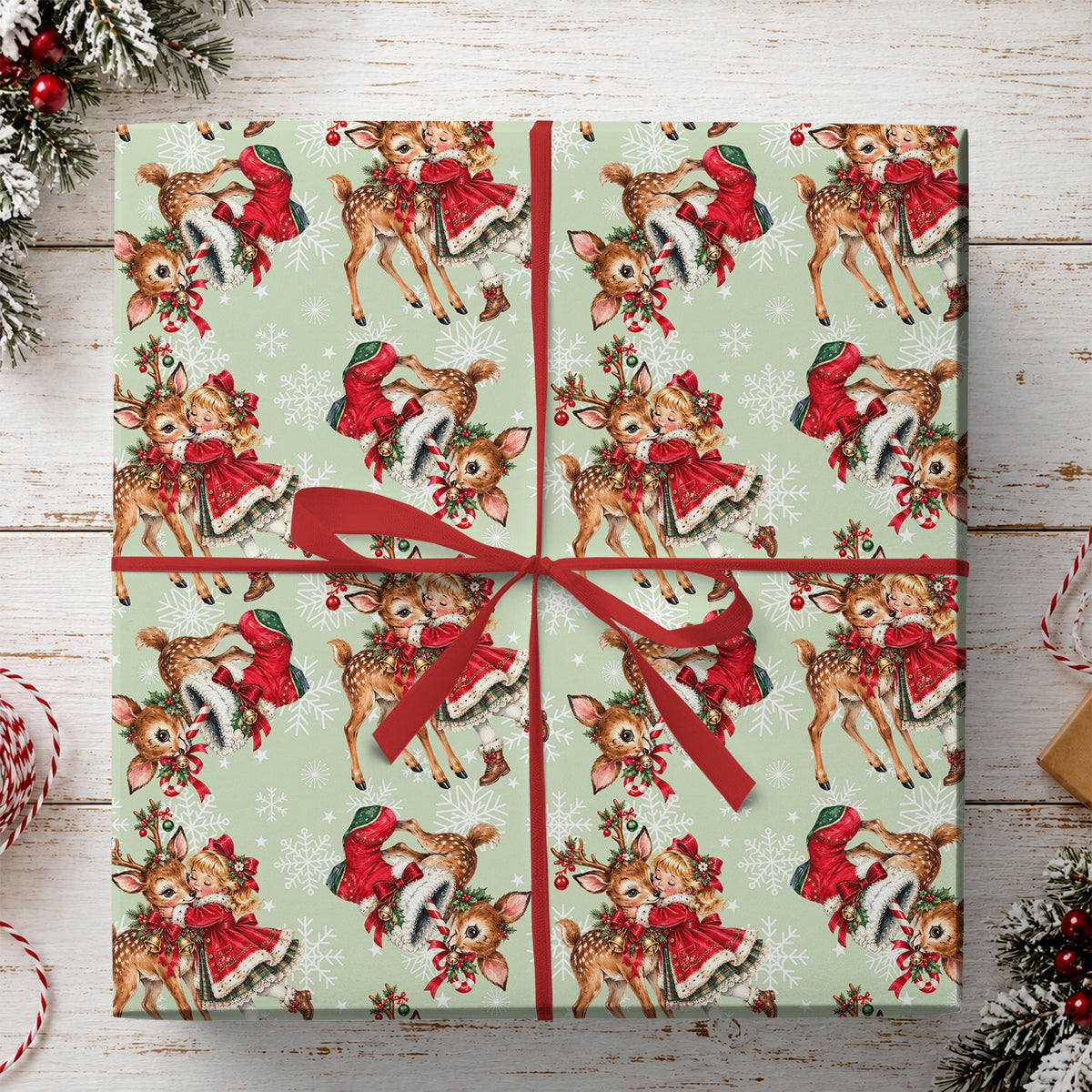 Vintage Christmas Deer Wrapping Paper, Little Girl And Fawn With Red Stockings And Snowflakes Wrapping Paper Rolls, Xmas Gift Wrap For Reindeer Lover