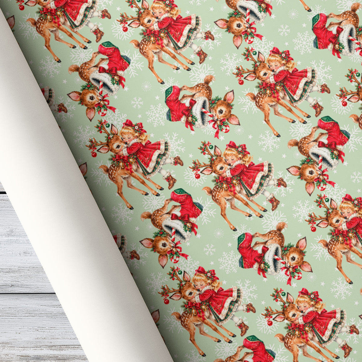 Vintage Christmas Deer Wrapping Paper, Little Girl And Fawn With Red Stockings And Snowflakes Wrapping Paper Rolls, Xmas Gift Wrap For Reindeer Lover