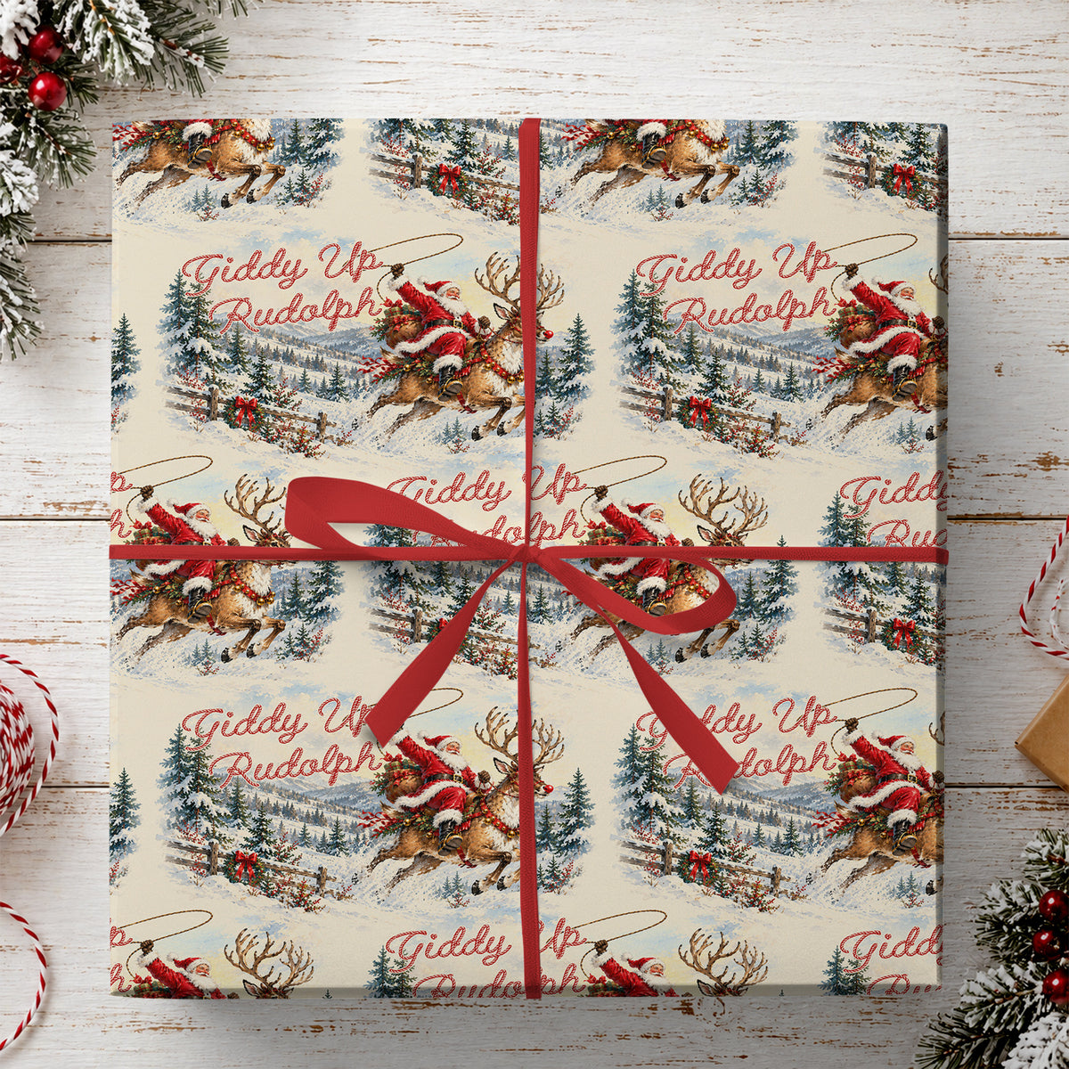 Christmas Cowboy Wrapping Paper, Giddy Up Rudolph Wrapping Paper Rolls, Xmas Gift Wrap For Cowboys