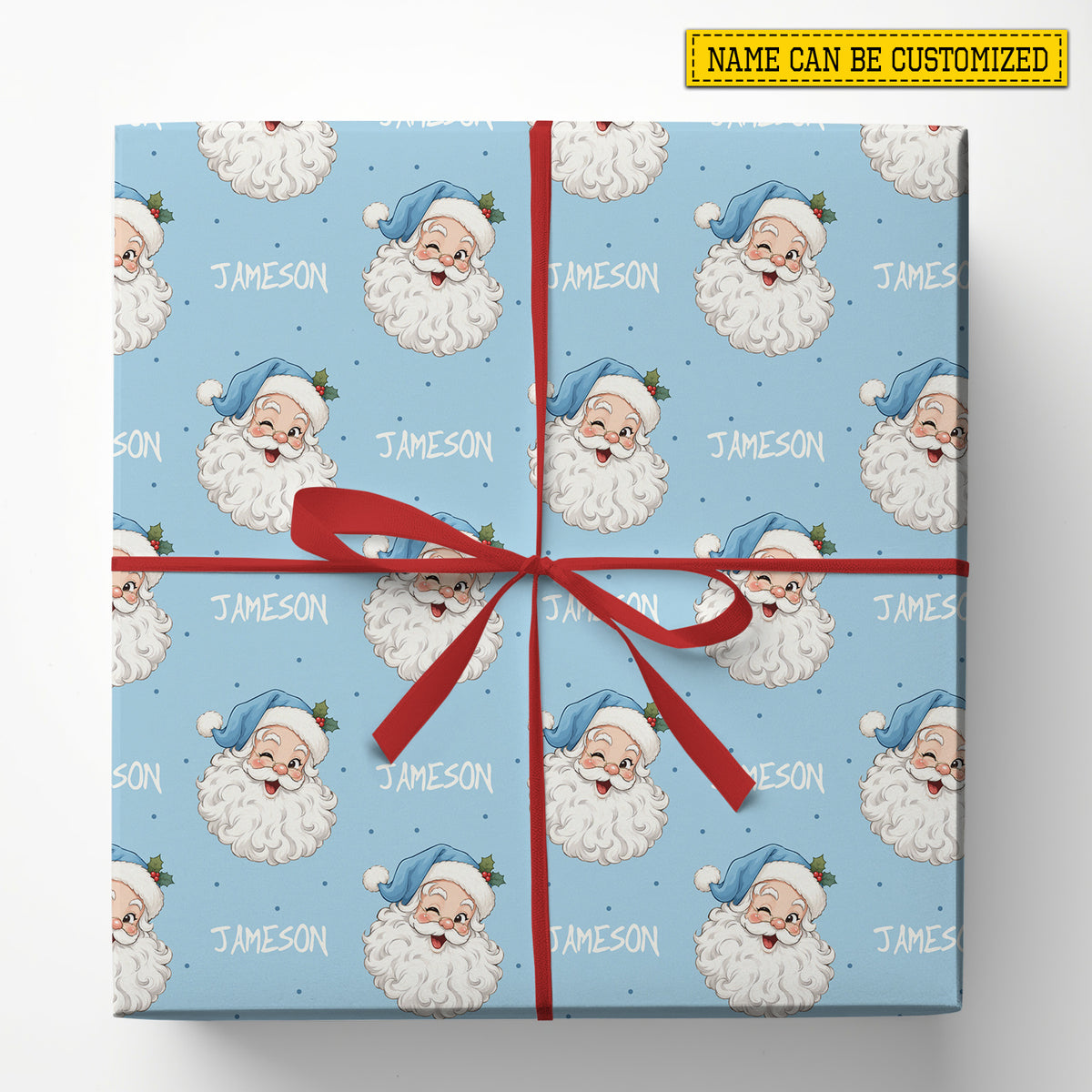 Vintage Personalized Christmas Blue Santa Wrapping Paper, Winking Santa Faces Wrapping Paper Rolls, Xmas Gift Wrap