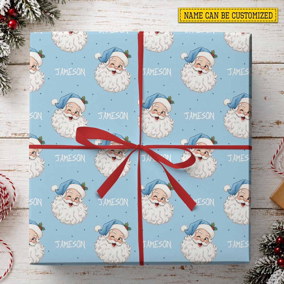 Vintage Personalized Christmas Blue Santa Wrapping Paper, Winking Santa Faces Wrapping Paper Rolls, Xmas Gift Wrap
