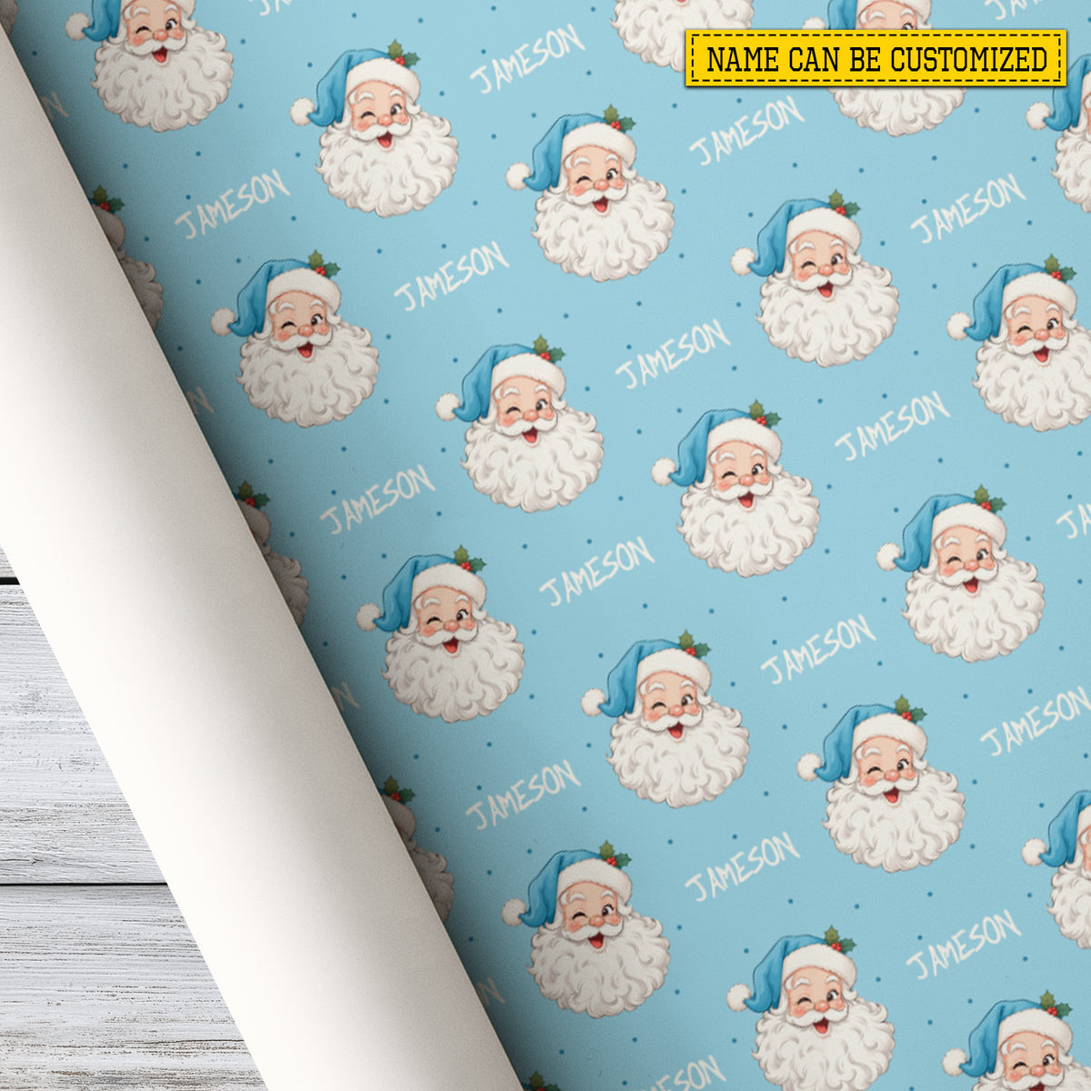 Vintage Personalized Christmas Blue Santa Wrapping Paper, Winking Santa Faces Wrapping Paper Rolls, Xmas Gift Wrap